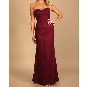Lulu's Wow the Crowd Burgundy Lace Strapless Mermaid Maxi Dress